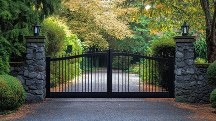 Elegant Black Gate Surrounded by Lush Greenery