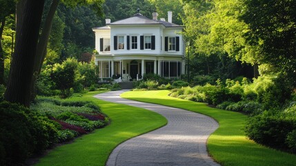 A charming house surrounded by lush greenery and a winding path in a serene garden setting.