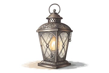retro lantern with frosted glass and glowing light engraving color sketch illustration