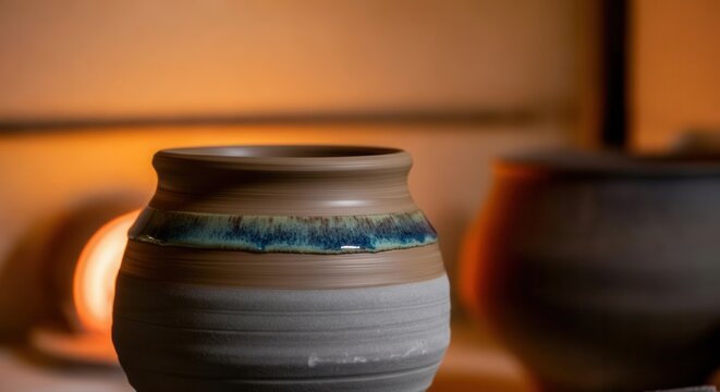 Spinning pottery wheel with crafting clay pot in artisan studio