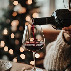 Fototapeta premium A woman pours red wine from a bottle into a glass on a blurred background, close-up. Place for text. bright multi-colored background
