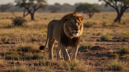 With a stunning male lion in the center, a pride of lions hunts prey through the parched savanna in...