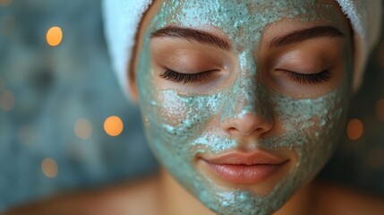 A young woman enjoys a soothing spa treatment with a green facial mask applied. She has a towel wrapped around her head and is surrounded by ambient lighting, creating a tranquil atmosphere.