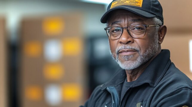 Dedicated warehouse worker poses confidently amidst stacked boxes in a bustling storage facility