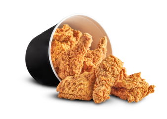 Crispy golden fried chicken served in a stylish black bucket with pieces placed around it. Ideal for food marketing, restaurant branding, or advertising campaigns, showcasing irresistible fast food