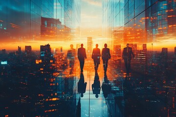 Teamwork Ambition Cityscape Glowing Skyscrapers