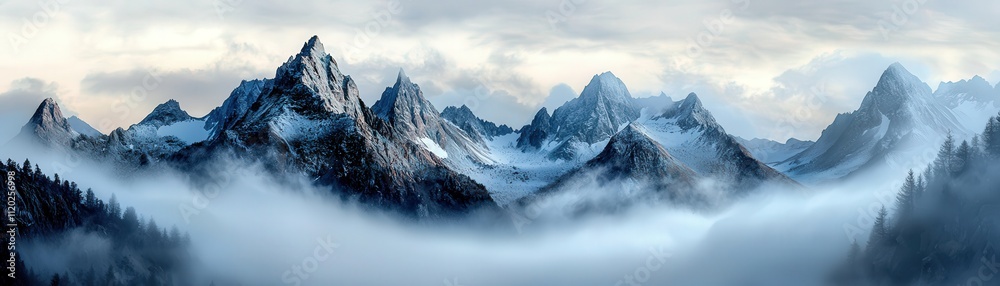 Poster layered misty mountains, fading into subtle tones of blue and gray