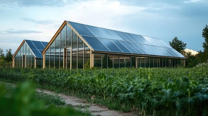 Obraz premium Transparent solar cells placed on agricultural greenhouses for dual use of land