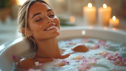 A woman with a serene expression relaxes in a bubble bath filled with water and flower petals. Soft candlelight creates a calming atmosphere, enhancing her peaceful moment.