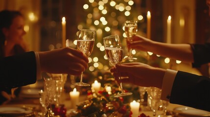 Obraz premium Close up of four people enjoying Christmas dinner together and toasting with champagne glasses while sitting by elegant dining table with candles