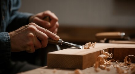Artisan woodworking with hand tools in rustic workshop