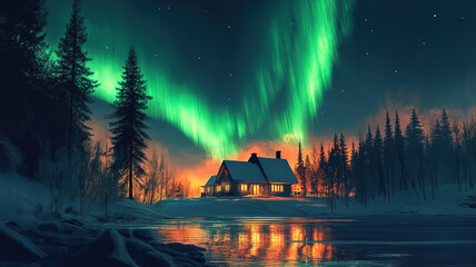 Cozy Cabin Illuminated by the Northern Lights in a Winter Forest. A charming cabin nestled in a snowy forest, bathed in the soft glow of the aurora borealis.