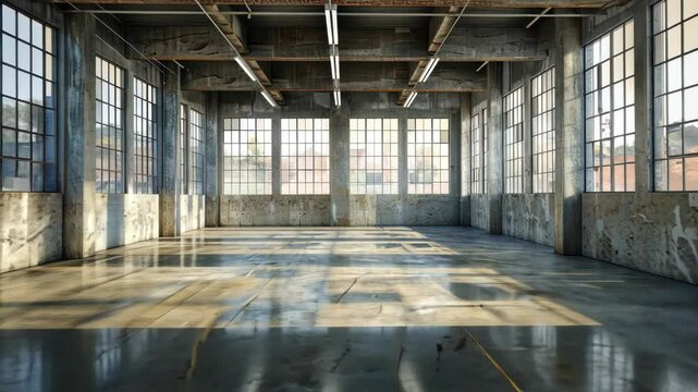 Sunlit Industrial Loft Space: A Spacious, Empty Interior with Large Windows