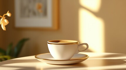 Fototapeta premium A coffee cup with a saucer, softly illuminated by natural light, creating a serene atmosphere.