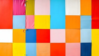 Abstract Composition Colorful Fabric Samples Arranged on Wooden Squares Amid Textured Patterns and Artistic Chaos