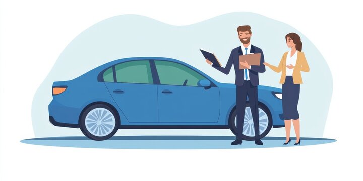 A salesperson is standing beside a shiny new car, smiling warmly and gesturing passionately to a potential customer.