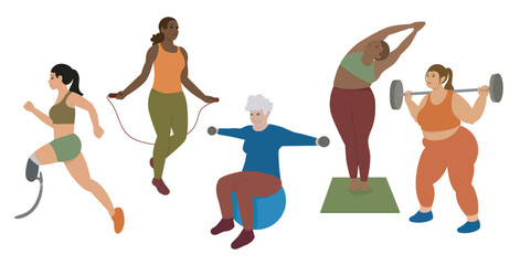Women exercising isolated vector. Women in fitness collection illustration