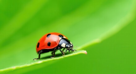 Naklejka premium Vibrant ladybug on fresh green leaf in nature