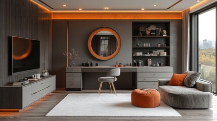 Modern minimalist bedroom with vanity, TV, and seating area.