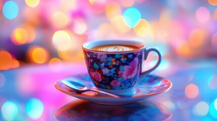 A colorful floral cup of coffee on a saucer, set against a vibrant, blurred background.