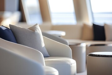 Fototapeta premium Luxurious yacht interior with modern white armchairs, soft pillows, and large windows offering a stunning ocean view.