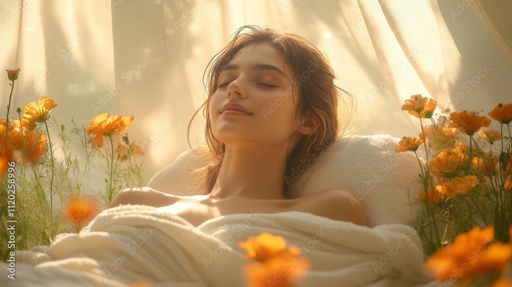 Poster a woman enjoys tranquility while resting on a soft surface, surrounded by vibrant flowers and gentle