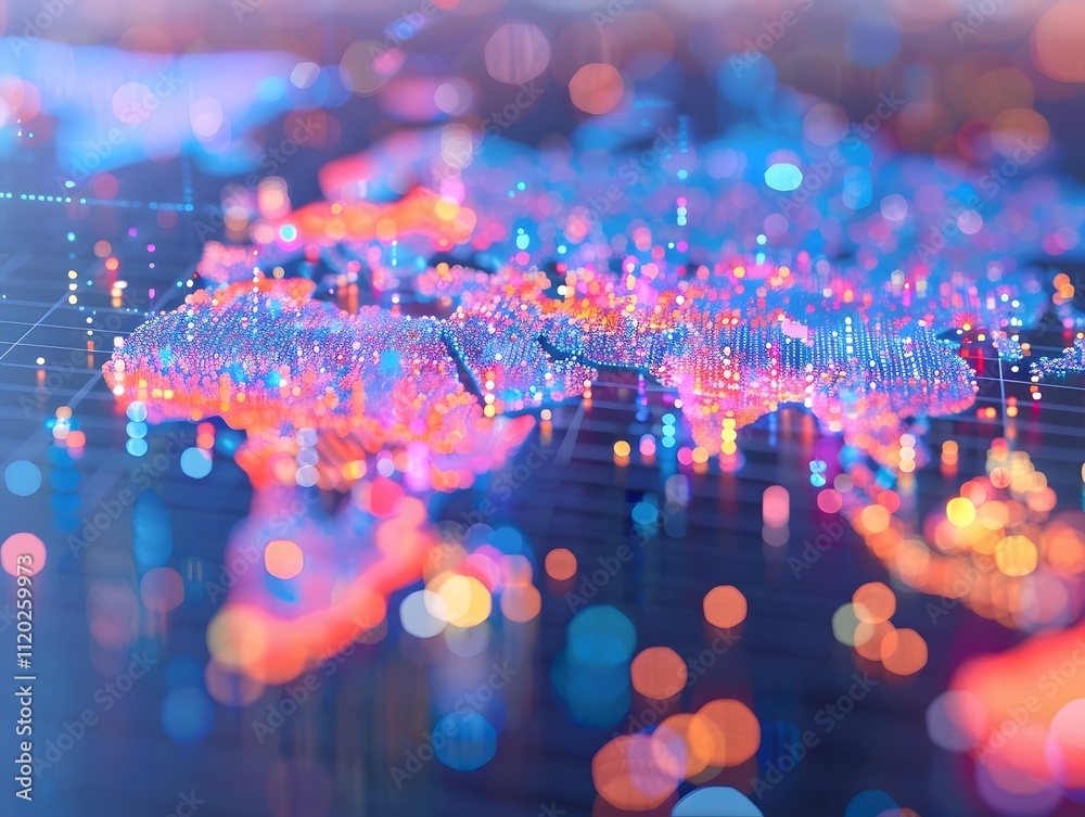 Poster vibrant and colorful digital world map with glowing lights and bokeh effects representing global con