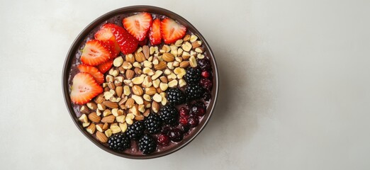 Healthy smoothie bowl topped with strawberries, almonds, blackberries, and cherries, copy space for text