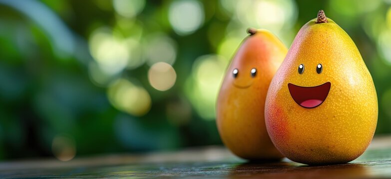 Smiling pears with faces, vibrant colors, cheerful expressions, natural background, playful fruit, close-up, fresh produce, summer vibes, copy space for text - Powered by Adobe