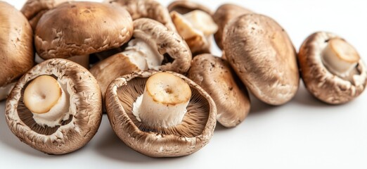 Fototapeta premium Mushrooms assortment, fresh, organic, various sizes, brown caps, white stems, healthy food, culinary ingredient, copy space for text