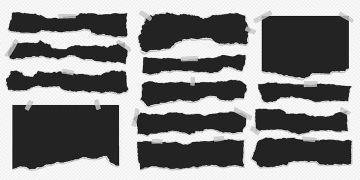 Set of torn black note paper pieces with sticky tape are on transparent background for text, notes or ad.