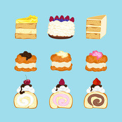 Vector illustration set of different flavors of cute style cake slices. Flat design, isolated on white. Vector illustration of bakery, birthday cake, party, celebration, festival, happy for greeting.