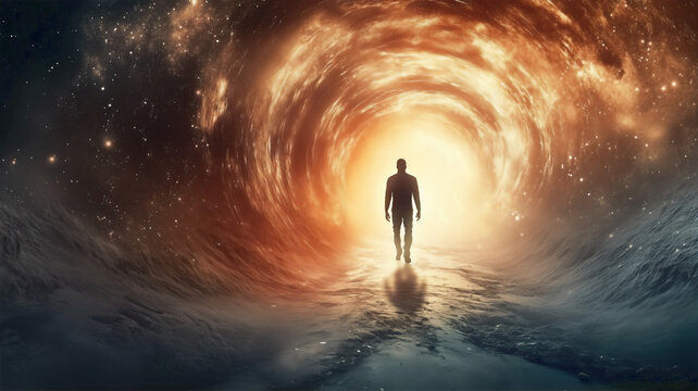 Life after death concept. Silhouette of man's soul is walking to bright light - rays of god inside tunnel.
