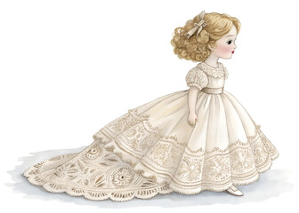 delicate porcelain doll with a lace dress engraving color sketch illustration