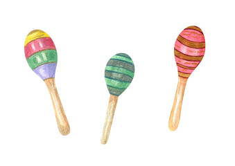 Three watercolor maracas with colorful striped ornaments illustration clip art isolated background. Musical percussion instrument for Cinco de mayo greeting cards, carnival invitations, stickers.