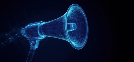 3D holographic megaphone, glowing blue wireframe design, digital technology concept, communication device, futuristic style, copy space for text