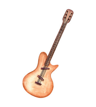 recommend clip art: Watercolor brown musical stringed instrument, electric guitar illustration isolated background. Six string guitar clip art. Element for music website design, cards, music lesson posters, stickers.