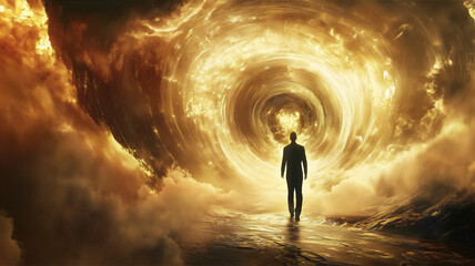 Life after death concept. Silhouette of man's soul is walking to bright light - rays of god inside tunnel.
