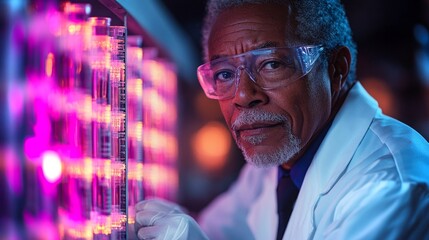 A scientist in a laboratory conducts experiments with glowing test tubes at night