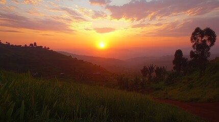 Obraz premium Vibrant sunset over rolling hills and farmland.