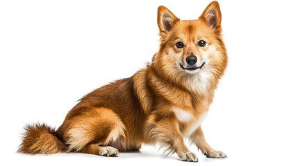 Obraz premium A fluffy, friendly dog sits elegantly, showcasing its vibrant orange fur and alert expression.