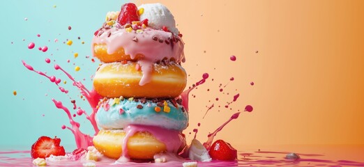 Colorful donuts stacked with splashes, vibrant pink and blue icing, topped with strawberries and sprinkles, playful dessert scene, copy space for text