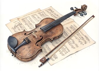 old violin resting on a music sheet engraving color sketch illustration