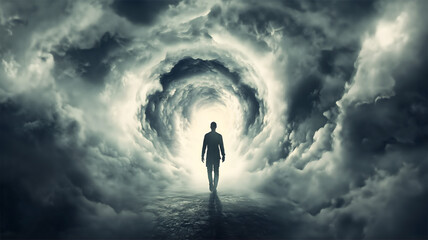 Life after death concept. Silhouette of man's soul is walking to bright light - rays of god inside tunnel.
