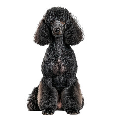 Elegant black poodle sitting gracefully, showcasing its curly fur and expressive eyes. This breed is known for its intelligence and playful nature. isolated on transparent background
