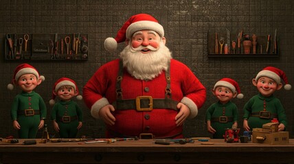 3d santa on holiday concept. A joyful Santa Claus stands with cheerful elves in a workshop filled with toys and tools, celebrating the holiday spirit.