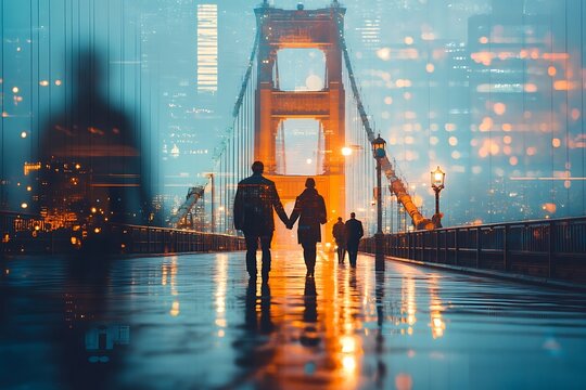 Tranquil Bridge Twilight Silhouettes City Path - Powered by Adobe