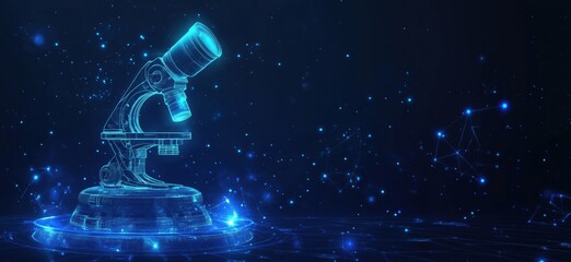 Futuristic microscope hologram, glowing blue design, digital technology concept, scientific research, innovation, virtual reality, copy space for text