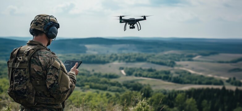 Soldier operating drone in mountainous terrain, military personnel using tablet, aerial surveillance, nature background, copy space for text