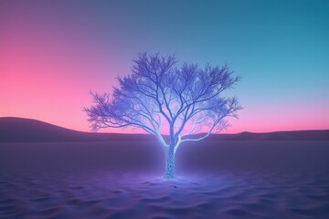 Surreal Ethereal Tree in a Desert Landscape with Vibrant Colors of Pink and Blue Sky at Dusk, Capturing the Essence of Nature and Fantasy